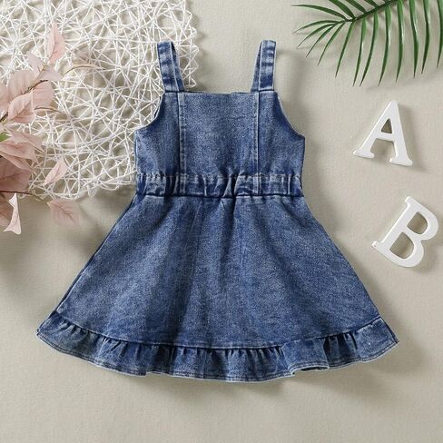 Toddler Girl Summer Sundresses Baby Denim Ruffle Dress Sleeveless Strap Pleated A-line Layered Cake Flowy Jean Dress in Saudi Arabia