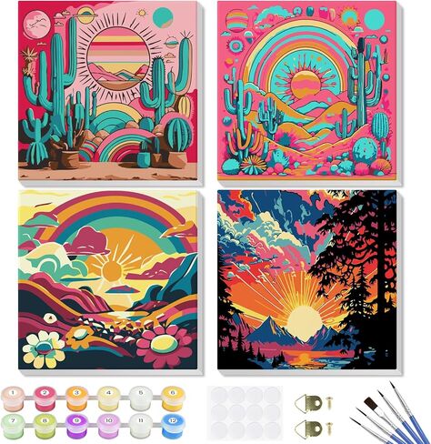 الطلاء حسب الأرقام للبالغين والمبتدئين والأطفال، 4 عبوات من مجموعات الطلاء حسب الأرقام للبالغين على قماش مؤطر، لوحة زيتية من الأكريليك لمناظر طبيعية مجردة بالأرقام مجموعات الحرف اليدوية لديكور المنزل 8 × 8 بوصة in Kuwait
