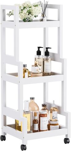 3-Tier Utility Rolling Cart, Mobile Storage Organizer with Lockable Caster Wheels, Small Kitchen Removable Trolley with Bamboo Shelf, White in Saudi Arabia