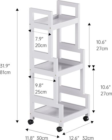 3-Tier Utility Rolling Cart, Mobile Storage Organizer with Lockable Caster Wheels, Small Kitchen Removable Trolley with Bamboo Shelf, White in Saudi Arabia