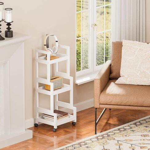 3-Tier Utility Rolling Cart, Mobile Storage Organizer with Lockable Caster Wheels, Small Kitchen Removable Trolley with Bamboo Shelf, White in Saudi Arabia