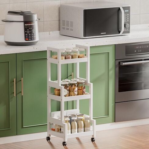 3-Tier Utility Rolling Cart, Mobile Storage Organizer with Lockable Caster Wheels, Small Kitchen Removable Trolley with Bamboo Shelf, White in Saudi Arabia