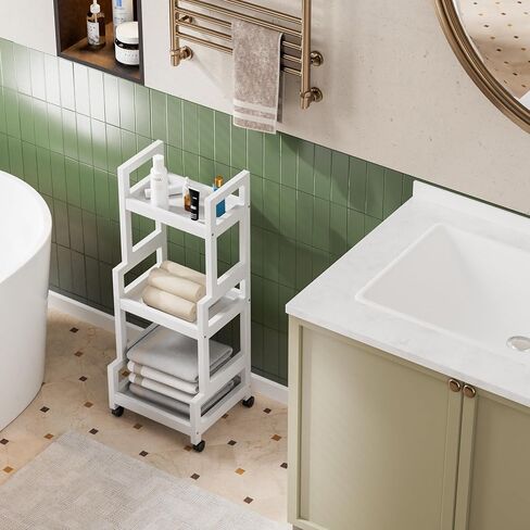3-Tier Utility Rolling Cart, Mobile Storage Organizer with Lockable Caster Wheels, Small Kitchen Removable Trolley with Bamboo Shelf, White in Saudi Arabia