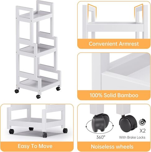3-Tier Utility Rolling Cart, Mobile Storage Organizer with Lockable Caster Wheels, Small Kitchen Removable Trolley with Bamboo Shelf, White in Saudi Arabia
