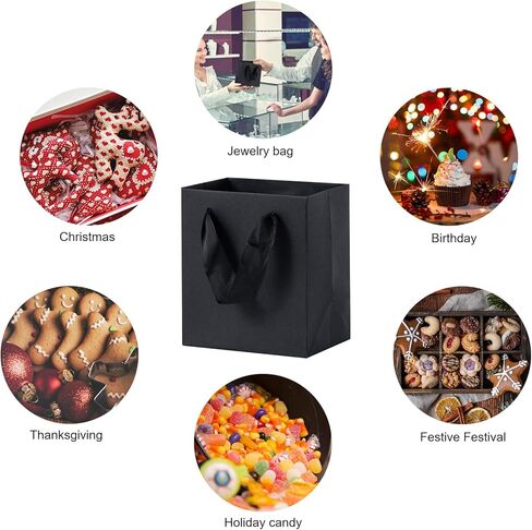 Black Gift Bags 50 Pack, Sdootjewelry Small Black Gift Bags, 5.1" x 2.4" x 7.5" Small Gift Bags Paper Bags with Handles, Black Mini Gift Bags, Shopping Bags for Small Business, Retail and Shopping in Kuwait