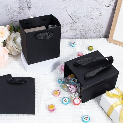Black Gift Bags 50 Pack, Sdootjewelry Small Black Gift Bags, 5.1" x 2.4" x 7.5" Small Gift Bags Paper Bags with Handles, Black Mini Gift Bags, Shopping Bags for Small Business, Retail and Shopping in Kuwait