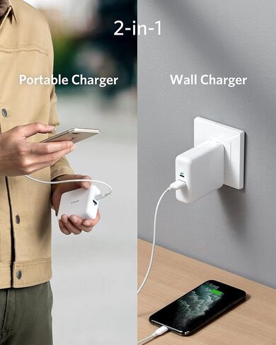 Anker PowerCore Fusion III PIQ 3.0، شاحن USB-C بقوة 18 وات 2 في 1 مع شاحن حائط لتوصيل الطاقة لأجهزة iPhone12 و12Mini و11 وiPad وSamsung وPixel والمزيد in Saudi Arabia