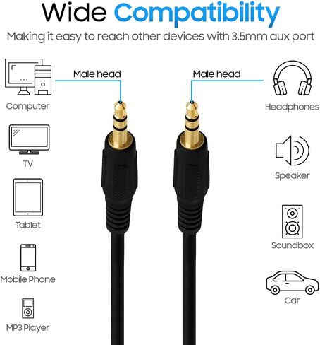 Cmple - 3.5mm Aux Male to Male Audio Cable for Stereo Speaker with Gold-Plated Plugs Male to Male Jack Auxiliary Cord Adapter for Car, Phone, Headphones - 3 Feet, Black in Saudi Arabia