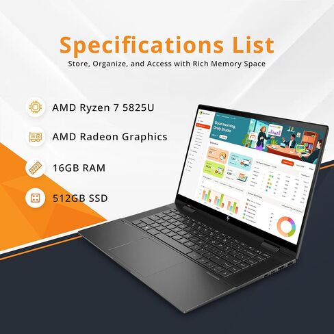 كمبيوتر محمول HP Envy x360 2 في 1، شاشة لمس 15.6 بوصة FHD، AMD Ryzen 7 5825U، ذاكرة الوصول العشوائي DDR4 سعة 32 جيجابايت، 1 تيرابايت PCIe SSD، رسومات AMD Radeon، لوحة مفاتيح بإضاءة خلفية، Wi-Fi 6، Windows 11، أسود (متجدد) in Saudi Arabia