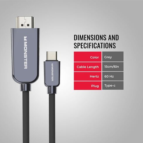 Monster USB Type-C Plug to HDMI to 4K HDMI Plug Cable, 5.9FT in Kuwait