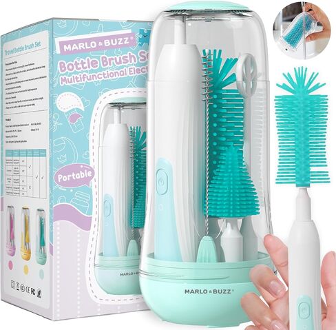 Marlo & Buzz Electric Baby Bottle Brush Cleaner Set, Rechargeable Waterproof Silicone Brushes with Large Bottle Brush, Nipple Brush, Straw Brush, Milk Stirrer, Drying Rack (Yellow) in Saudi Arabia