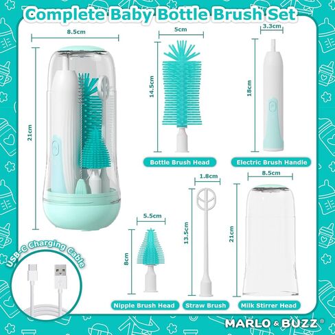 Marlo & Buzz Electric Baby Bottle Brush Cleaner Set, Rechargeable Waterproof Silicone Brushes with Large Bottle Brush, Nipple Brush, Straw Brush, Milk Stirrer, Drying Rack (Yellow) in Saudi Arabia