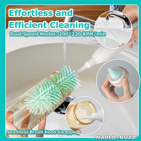 Marlo & Buzz Electric Baby Bottle Brush Cleaner Set, Rechargeable Waterproof Silicone Brushes with Large Bottle Brush, Nipple Brush, Straw Brush, Milk Stirrer, Drying Rack (Yellow) in Saudi Arabia