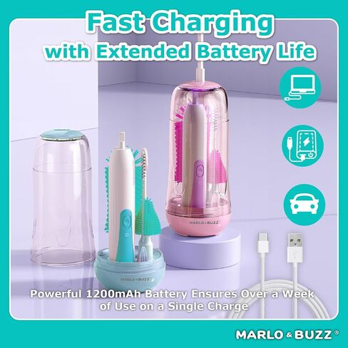 Marlo & Buzz Electric Baby Bottle Brush Cleaner Set, Rechargeable Waterproof Silicone Brushes with Large Bottle Brush, Nipple Brush, Straw Brush, Milk Stirrer, Drying Rack (Yellow) in Saudi Arabia
