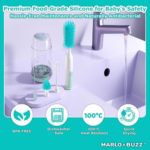 Marlo & Buzz Electric Baby Bottle Brush Cleaner Set, Rechargeable Waterproof Silicone Brushes with Large Bottle Brush, Nipple Brush, Straw Brush, Milk Stirrer, Drying Rack (Yellow) in Saudi Arabia