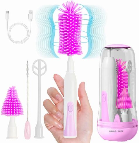 Marlo & Buzz Electric Baby Bottle Brush Cleaner Set, Rechargeable Waterproof Silicone Brushes with Large Bottle Brush, Nipple Brush, Straw Brush, Milk Stirrer, Drying Rack (Yellow) in Saudi Arabia