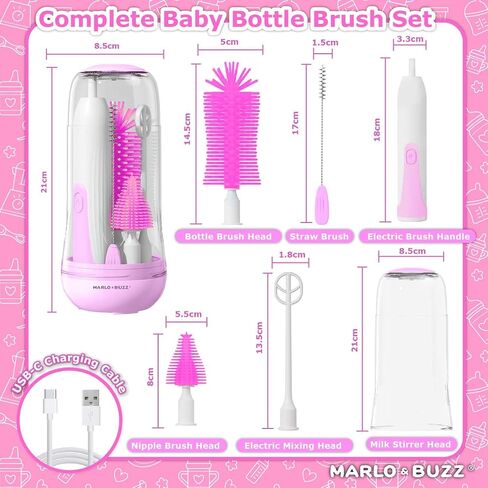 Marlo & Buzz Electric Baby Bottle Brush Cleaner Set, Rechargeable Waterproof Silicone Brushes with Large Bottle Brush, Nipple Brush, Straw Brush, Milk Stirrer, Drying Rack (Yellow) in Saudi Arabia