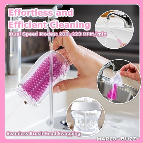 Marlo & Buzz Electric Baby Bottle Brush Cleaner Set, Rechargeable Waterproof Silicone Brushes with Large Bottle Brush, Nipple Brush, Straw Brush, Milk Stirrer, Drying Rack (Yellow) in Saudi Arabia