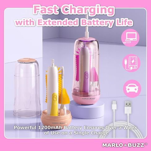 Marlo & Buzz Electric Baby Bottle Brush Cleaner Set, Rechargeable Waterproof Silicone Brushes with Large Bottle Brush, Nipple Brush, Straw Brush, Milk Stirrer, Drying Rack (Yellow) in Saudi Arabia