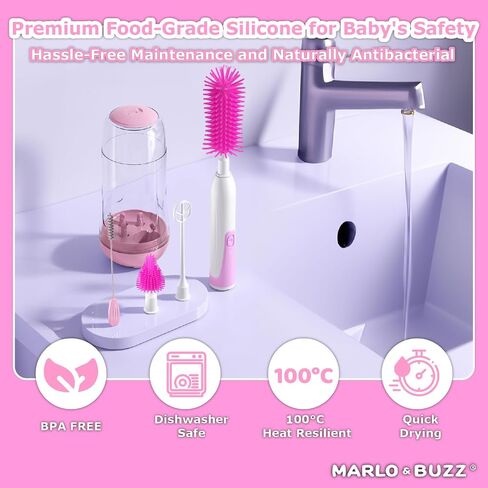 Marlo & Buzz Electric Baby Bottle Brush Cleaner Set, Rechargeable Waterproof Silicone Brushes with Large Bottle Brush, Nipple Brush, Straw Brush, Milk Stirrer, Drying Rack (Yellow) in Saudi Arabia