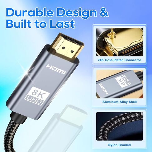 كابل UCEC 8K HDMI إلى HDMI بطول 6 أقدام، كابل HDMI عالي السرعة 48 جيجابت في الثانية 2.1، سلك HDMI نايلون مضفر 6.6 قدم، 8K@60 هرتز 4K@120 هرتز 144 هرتز ديناميكي HDR UHD 1080P 3D eARC متوافق مع PS5 PS4 كمبيوتر محمول تلفزيون الكمبيوتر in Kuwait