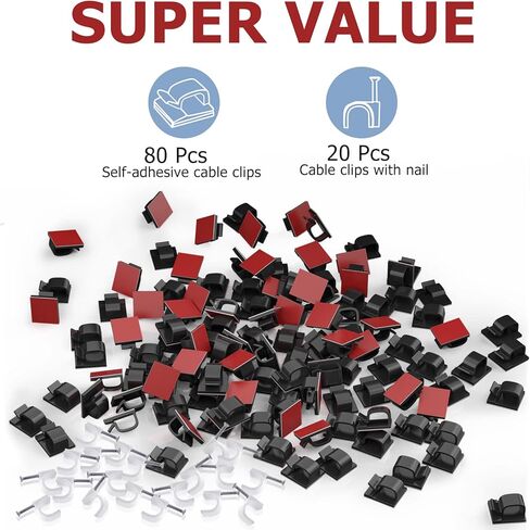 مشابك كابلات لاصقة من Punasi، منظم سلك 80 قطعة لإدارة الكابلات، مشابك أسلاك حائط صغيرة للجدار، السيارة، تحت المكتب، كابل USB، أضواء عيد الميلاد، كاميرا داش، إيثرنت، أسلاك كهربائية (أسود) in Kuwait
