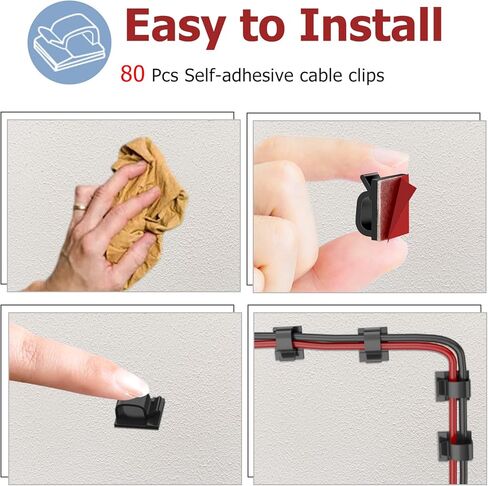 مشابك كابلات لاصقة من Punasi، منظم سلك 80 قطعة لإدارة الكابلات، مشابك أسلاك حائط صغيرة للجدار، السيارة، تحت المكتب، كابل USB، أضواء عيد الميلاد، كاميرا داش، إيثرنت، أسلاك كهربائية (أسود) in Kuwait