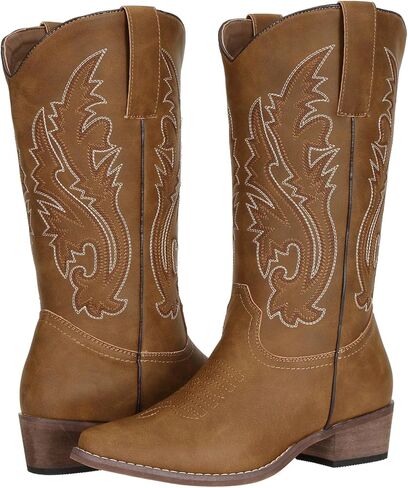 أحذية SheSole واسعة الساق لرعاة البقر راعية البقر للنساء أحذية غربية بنية مطرزة in Kuwait