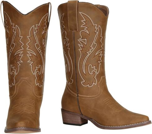 أحذية SheSole واسعة الساق لرعاة البقر راعية البقر للنساء أحذية غربية بنية مطرزة in Kuwait