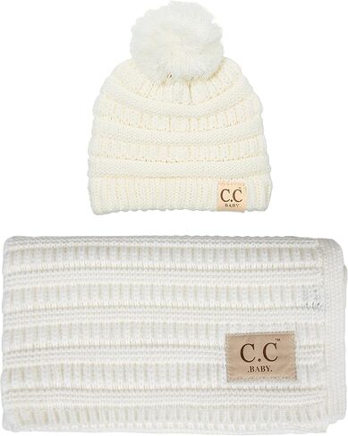 Funky Junque Large Soft Warm Lightweight Baby Throw Blanket with Matching Beanie Bundle for Toddler Bed, Strollers, Naps, Daycare Preschool - Ribbed Knit - SINGLE POM - Ivory in Saudi Arabia