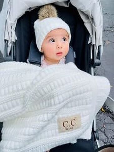 Funky Junque Large Soft Warm Lightweight Baby Throw Blanket with Matching Beanie Bundle for Toddler Bed, Strollers, Naps, Daycare Preschool - Ribbed Knit - SINGLE POM - Ivory in Saudi Arabia