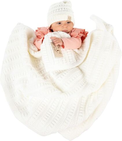 Funky Junque Large Soft Warm Lightweight Baby Throw Blanket with Matching Beanie Bundle for Toddler Bed, Strollers, Naps, Daycare Preschool - Ribbed Knit - SINGLE POM - Ivory in Saudi Arabia