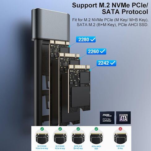 محول حاوية M.2 NGFF & NVMe SATA SSD USB 3.2 Gen 2 بسرعة 10 جيجابت في الثانية، حاوية محرك أقراص خارجي من الألومنيوم، متوافق مع PCIe/SATA، مفتاح M (مفتاح B+M)، كابل USB-A/USB-C (30 سم) لـ 2230 /2242/2260/2280 SSD in Saudi Arabia