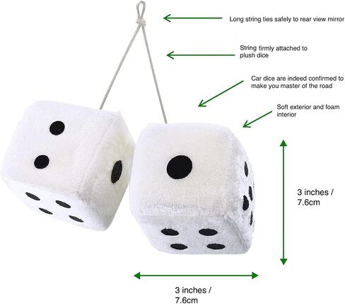 [2 Dice 1 Pair White Fluffy] Retro Car Hanging Dice for Car Mirror White (Nostalgic 80’s Fluffy Car Dice for Mirror) Plush Car Decorative Hanging Ornaments Accessories (Set of 1) in Saudi Arabia