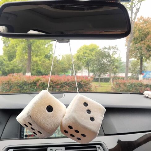 [2 Dice 1 Pair White Fluffy] Retro Car Hanging Dice for Car Mirror White (Nostalgic 80’s Fluffy Car Dice for Mirror) Plush Car Decorative Hanging Ornaments Accessories (Set of 1) in Saudi Arabia