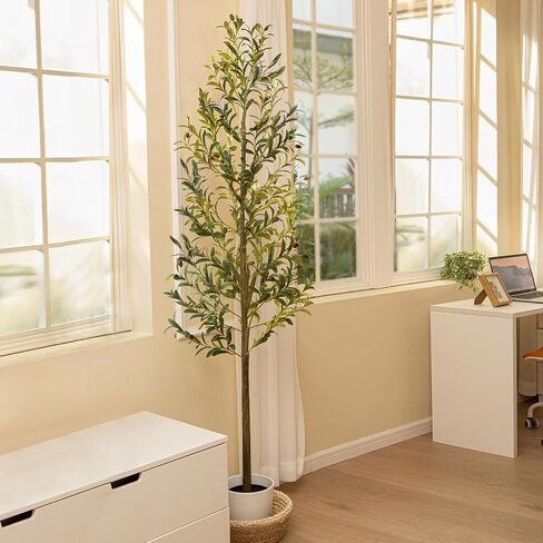 Fosun Faux Olive Tree 6FT - Artificial Olive Tree with Realistic Leaves, Tall Trunk and Fruits, Tall Fake Silk Olive Tree with Pot for Bedroom Office Living Home Decor in Saudi Arabia