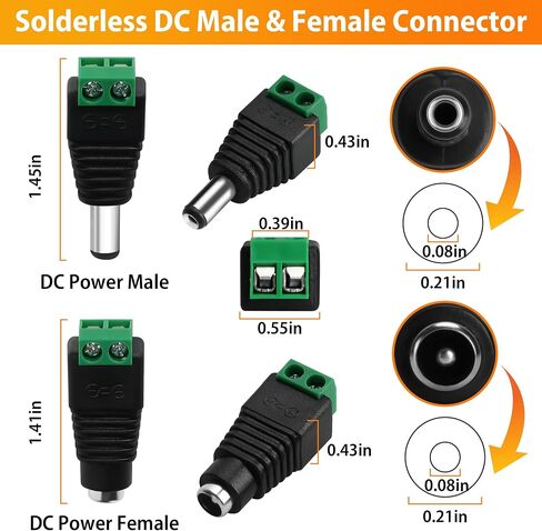 20 Pairs 12V DC Power Jack Connector 5.5mm x 2.1mm 12V Power Jack Plug Adapter for CCTV Security Camera Led Strip Light (20 x Male & 20 x Female) in Kuwait