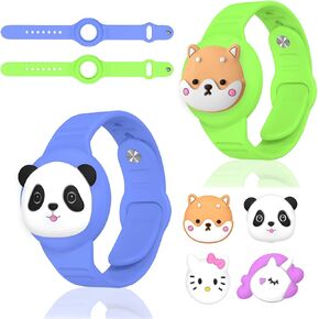 2 Pack AirTag Bracelet for Kids, Cute Cartoon GPS Tracker Air tag Holder with Watch Band Design, Soft Silicone Protective Wristband Cover Case for Apple Airtags for Child (Green+Pink)