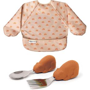Tiny Twinkle Mess-proof Full Sleeve Bib and Toddler Utensils Bundle