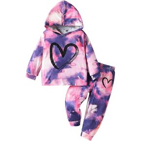 Toddler Baby Girls Clothes Long-sleeve Tie Dye Hoodie Sweatshirt Joggers Pants Heart Print Hooded Outfits Set