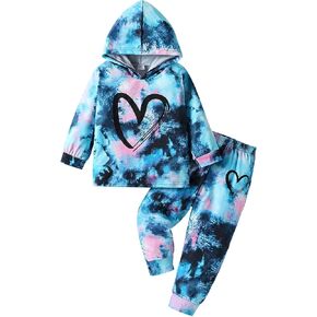 Toddler Baby Girls Clothes Long-sleeve Tie Dye Hoodie Pullover and Sweatpants Heart Print Hooded Outfits Set