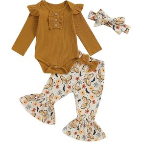 Ynibbim Toddler Girl Halloween Outfit Baby Fall Clothes Pumpkin Ghost Print Ruffle Romper Top Flared Pants Headband 3Pcs Set