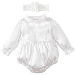 Newborn Baby Girl Baptism Romper Christening Gown Long Sleeve Bodysuit with Headband Fall Winter One Piece Outfits