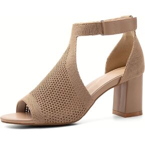 NEWBELLA Womens Mousse Fit Knit Ankle Strap Pumps Peep Toe Block Chunky Heeled Sandals with Adjustable Buckle for Casual and Formal