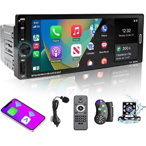 6.9 Inch Single Din Car Stereo Touchscreen Car Radio Wireless Apple Carplay & Android Auto,Mirror Link,FM,EQ,Car Audio Receivcer with USB/Type-C/Aux Input,Mic,Backup Camera