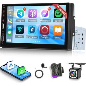 Single Din Stereo with Wireless Carplay and Android Auto - 7 Inch Touchscreen Car Radio - EQ Audio/Mirror Link/SWC/USB Charging/Bluetooth/FM + 12leds Backup Camera & Microphone