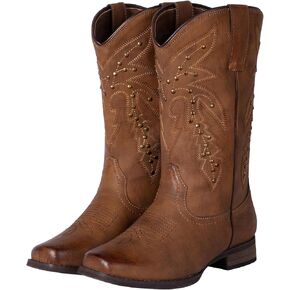 J's.o.l.e Studs Cowboy Boots for Women Narrow Square Toe Cowgirl Embroidered Western Boots Brown