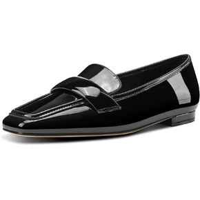 TNYNFBEB Womens Square Toe Low Heel Penny Loafers Shoes Patent Leather Comfortable Slip-on Work Business Flats Shoes
