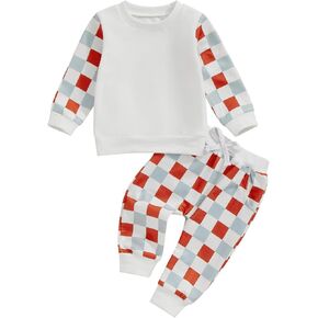 Fall Winter Baby Boy Clothes Toddler Sweatsuit Outfit Checkerboard Long Sleeve Shirt Sweatshirt Top and Pants Set