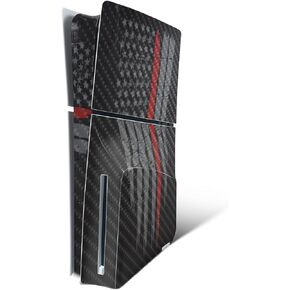 MightySkins Carbon Fiber Skin for PS5 Playstation 5 Slim Disc Edition Console Only - Thin Red Line Protective, Durable Textured Carbon Fiber Finish Easy to Apply Made in The USA